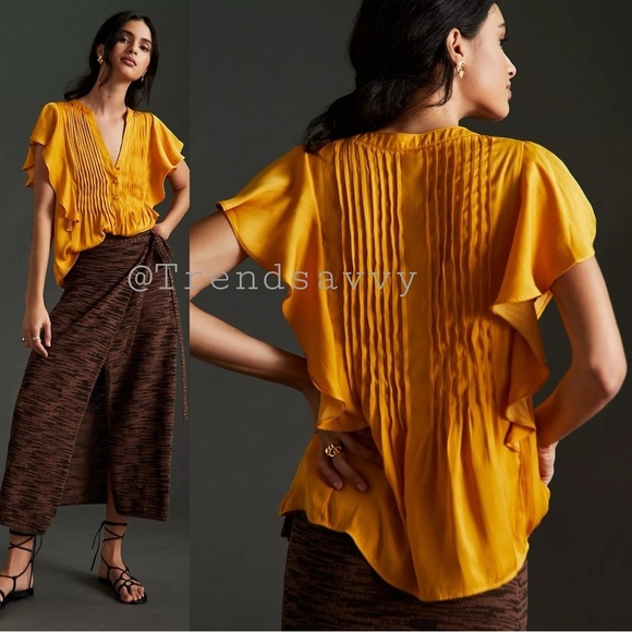 Anthropologie Tops - ANTHROPOLOGIE Pleated Ruffled Pintucked Blouse Silky V-neck Top Mango Size M NWT